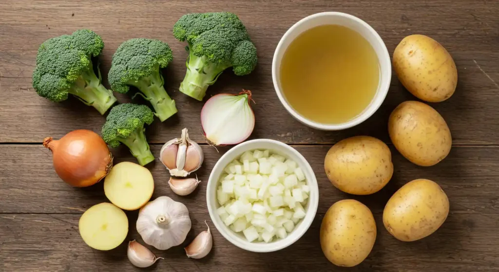Frische Zutaten für eine cremige Brokkoli Suppe, darunter Brokkoli, Zwiebeln, Knoblauch, Kartoffeln und Gemüsebrühe.