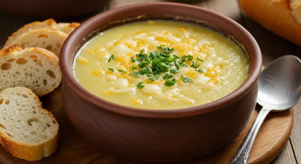 Eine Schüssel cremige Käse-Lauch-Suppe mit geschmolzenem Käse und Kräutern, serviert mit Brot.