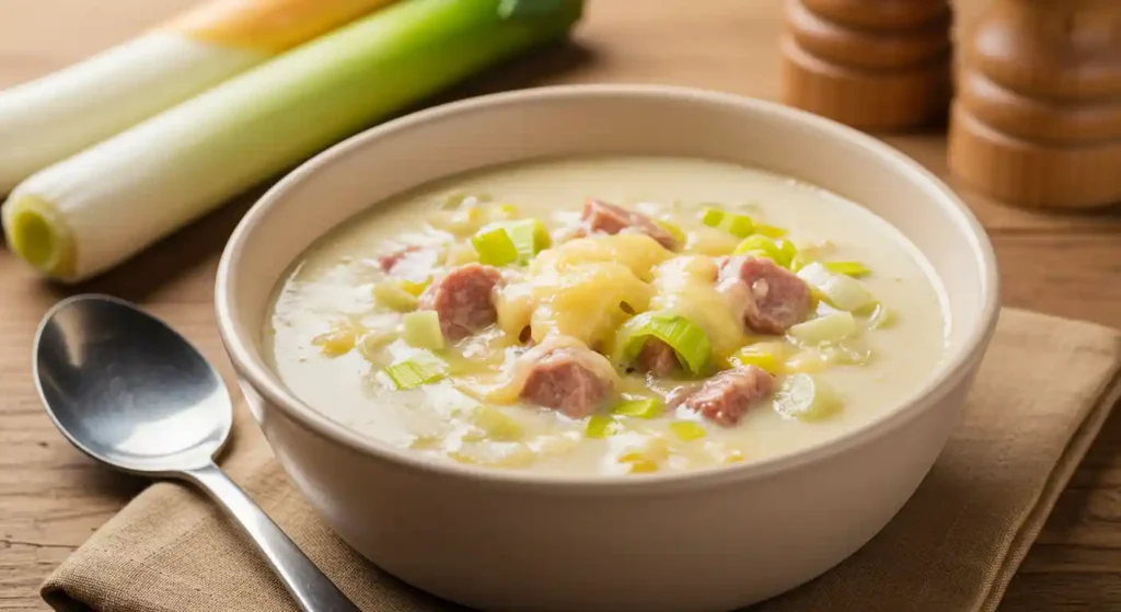 Hack Käse Lauch Suppe in einem Teller, garniert mit geschmolzenem Käse und Lauch.