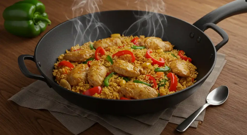 Eine köstliche Reispfanne mit Hähnchen, garniert mit frischem Gemüse, serviert in einer schwarzen Pfanne.