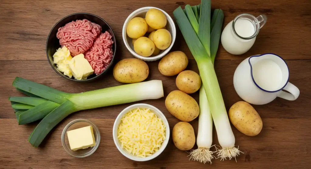 Frische Zutaten für Käse-Lauch-Suppe, darunter Lauch, Kartoffeln, Käse und Milch, auf einem Holztisch.
