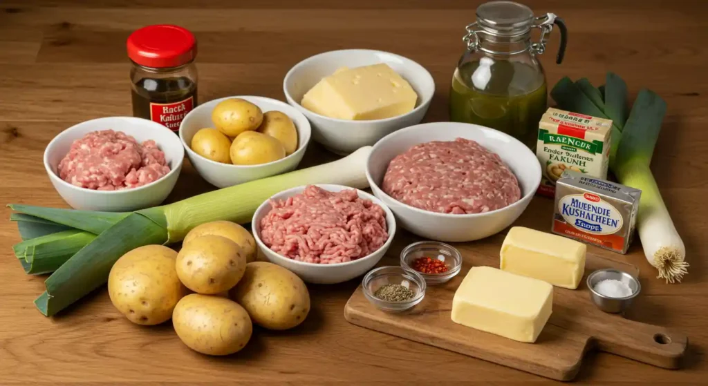 Frische Zutaten für Hack Käse Lauch Suppe: Lauch, Kartoffeln, Hackfleisch, Käse, Butter und Gewürze.