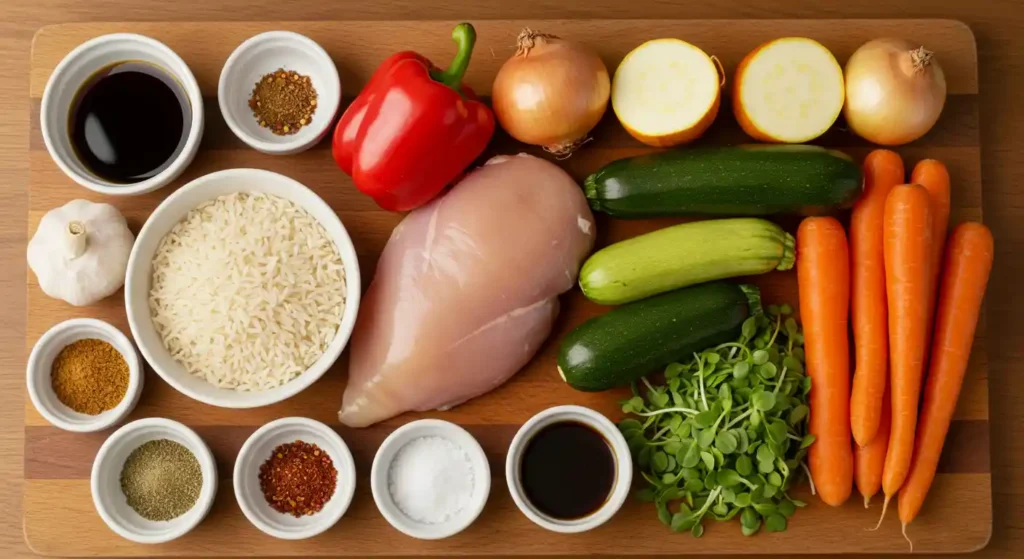 Frische Zutaten für eine Reispfanne mit Hähnchen, darunter Hähnchenbrust, Reis, Paprika, Zucchini und Gewürze.