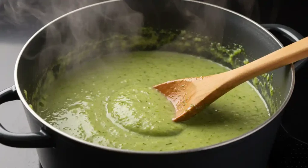Brokkoli Suppe köchelt in einem Topf auf dem Herd, während sie mit einem Holzlöffel umgerührt wird.