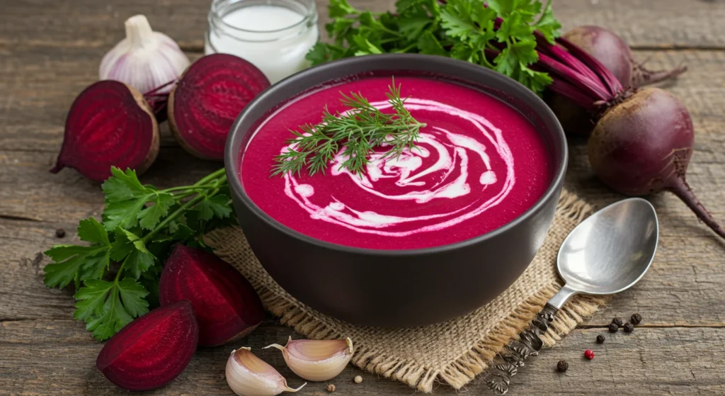 Eine Schüssel cremige vegane Rote Bete Suppe, garniert mit frischen Kräutern, auf einem rustikalen Tisch mit rohen Zutaten.