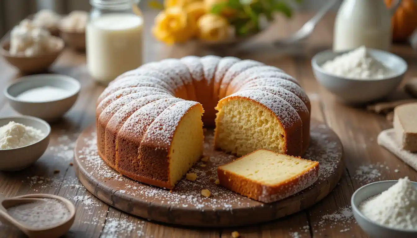 Frisch gebackener veganer Rührkuchen auf einer Marmorplatte mit Puderzucker bestäubt und umgeben von veganen Zutaten wie Pflanzenmilch und Apfelmus.