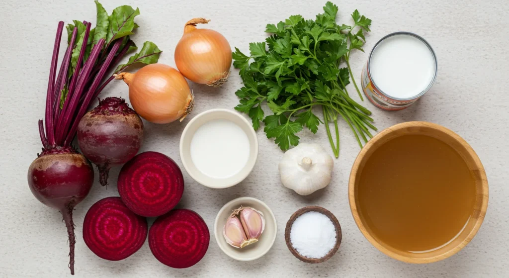 Zutaten für vegane Rote Bete Suppe, darunter Rote Bete, Knoblauch, Zwiebeln, Kokosmilch und Gemüsebrühe, ordentlich angeordnet.