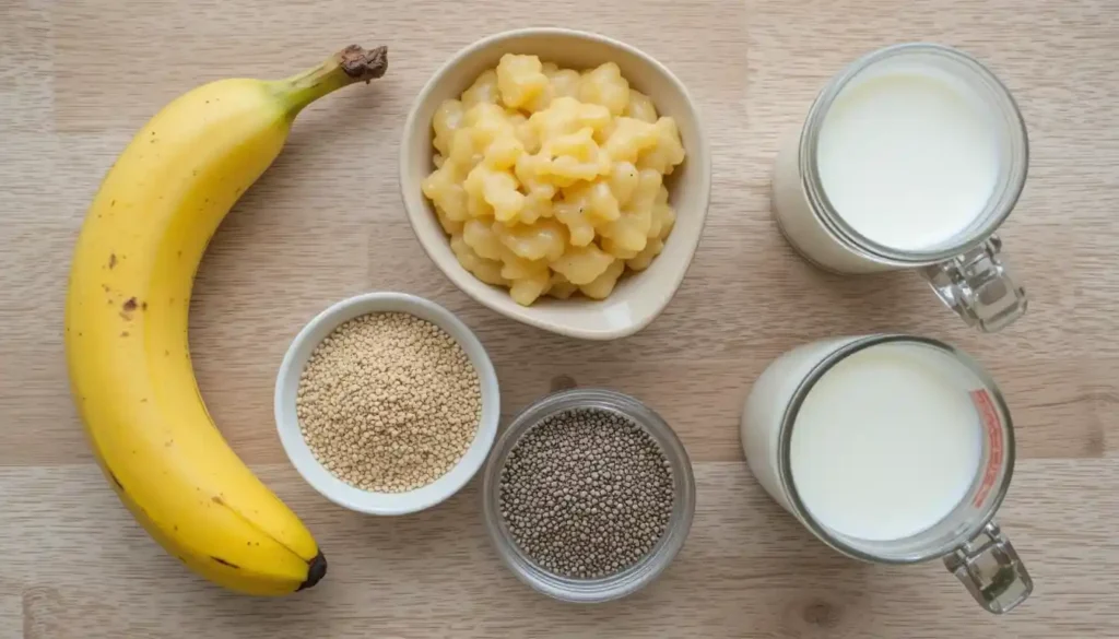 utaten für veganen Rührkuchen: gemahlene Leinsamen, Banane, Apfelmus, Chiasamen und Pflanzenmilch auf einem Holzbrett arrangiert.