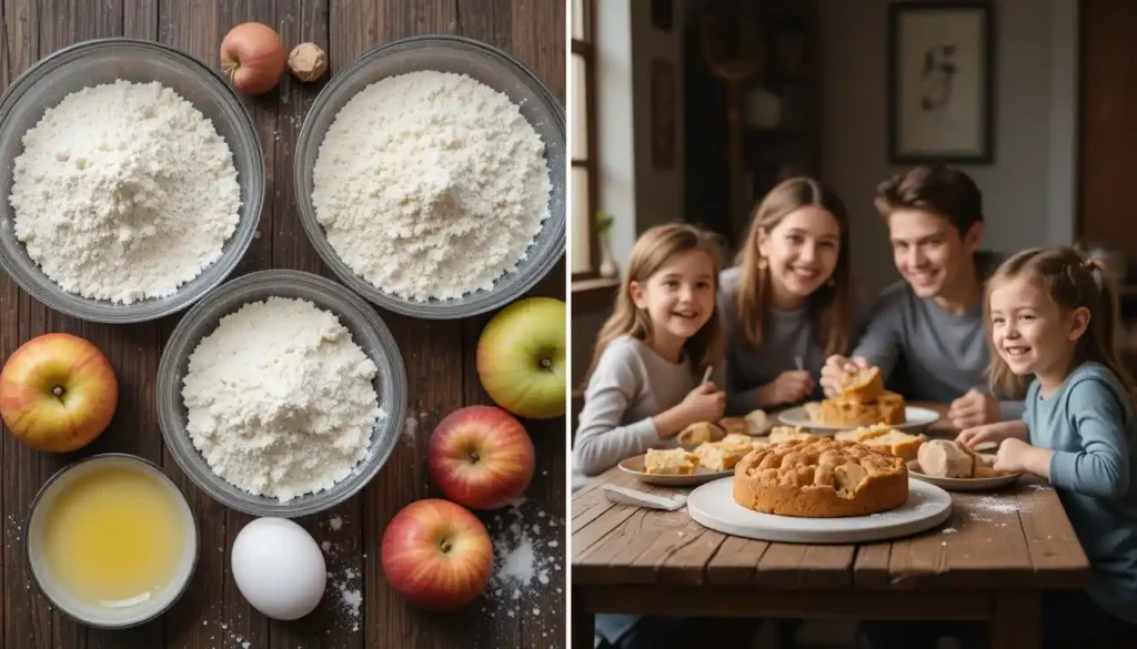 Zutaten für einen glutenfreien Apfelkuchen, darunter Äpfel, Mehl, Zucker, Eier und Butter auf einem hellen Küchentisch.