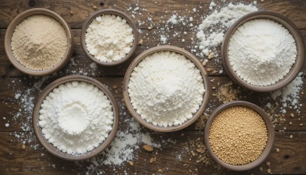 Schalen mit verschiedenen glutenfreien Mehlsorten, darunter Mandelmehl, Reismehl, Buchweizenmehl und Maismehl, auf einem rustikalen Holzhintergrund.