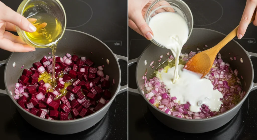 Kochprozess für vegane Rote Bete Suppe, mit gehacktem Gemüse, das sautiert und mit Brühe und Kokosmilch kombiniert wird.