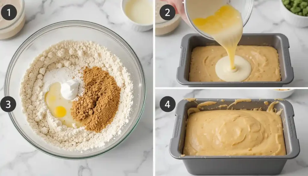 Vegan Kuchen Zubereitung: Zutaten mischen, Teig in eine Form gießen und vorbereiten zum Backen.