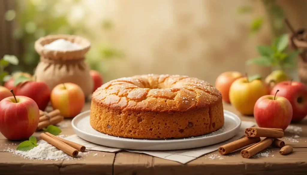Glutenfreier Apfelkuchen auf einem Tisch mit frischen Zutaten wie Äpfeln und Mehl, eingerahmt von natürlichem Licht.