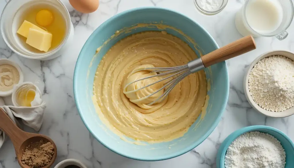 Eine Schüssel mit glutenfreiem Kuchenteig, der mit einem Schneebesen gerührt wird, umgeben von Zutaten wie Eiern, Butter, Milch und glutenfreiem Mehl.