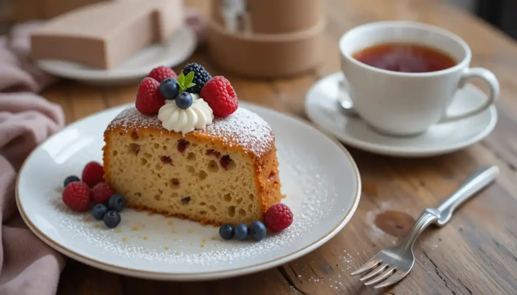 Vegan Rührkuchen serviert mit frischen Beeren, veganer Sahne und Puderzucker auf einem Teller mit einer Tasse Tee.