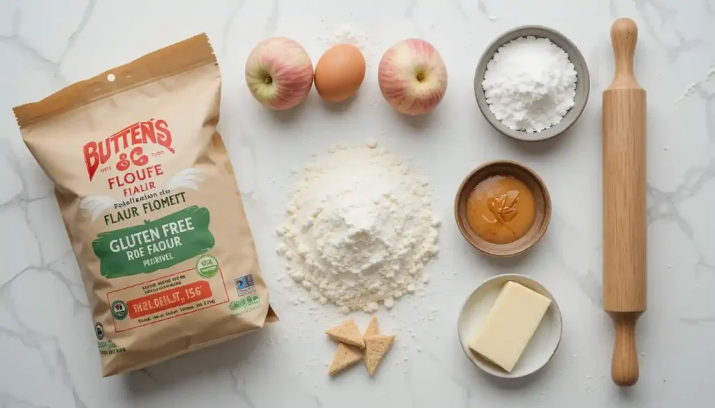 Verschiedene glutenfreie Mehle wie Reismehl und Mandelmehl, arrangiert in Schalen auf einem Holztisch.