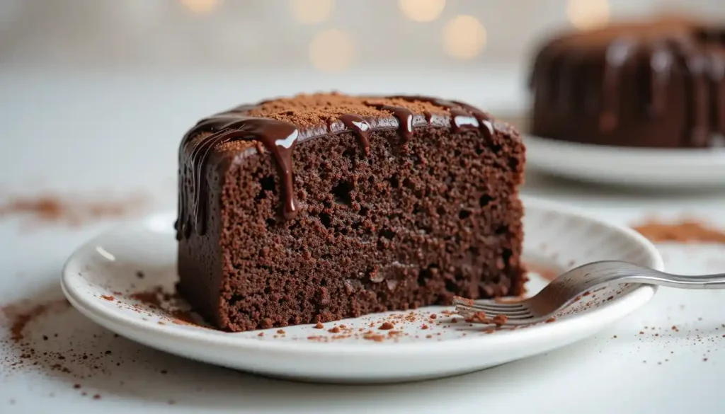 Ein angeschnittener glutenfreier Schokoladenkuchen mit sichtbarer, saftiger Textur, dekoriert mit geschmolzener Schokolade und einem Hauch Kakaopulver.