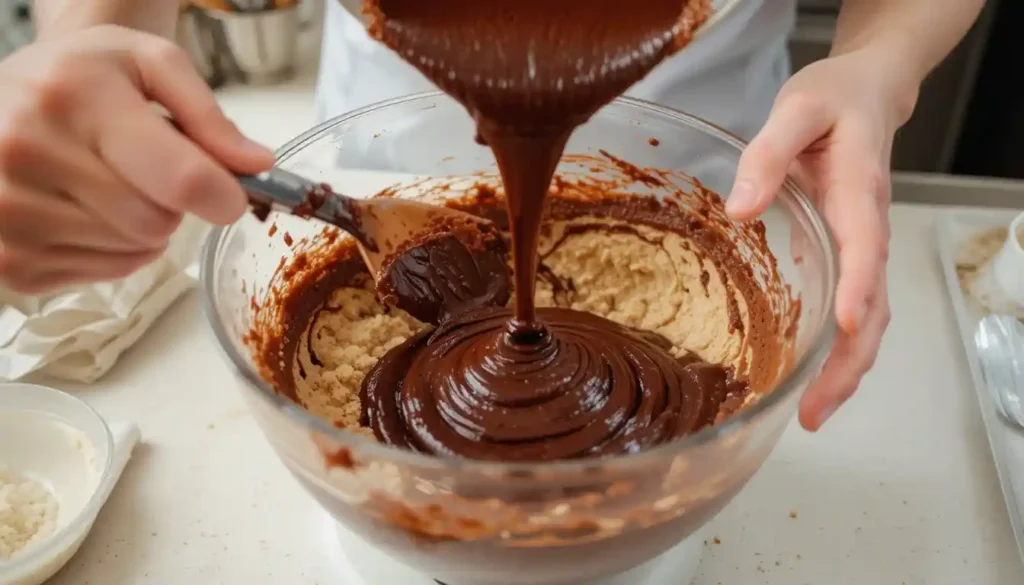 Geschmolzene Schokolade wird in eine Schüssel mit Kuchenteig gegossen, während Hände den Teig mit einem Spatel mischen.