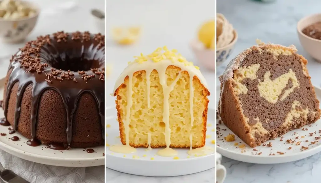 Drei Varianten von veganem Rührkuchen: Schokokuchen mit Glasur, Zitronenkuchen mit Zuckerguss und Marmorkuchen mit typischem Muster.