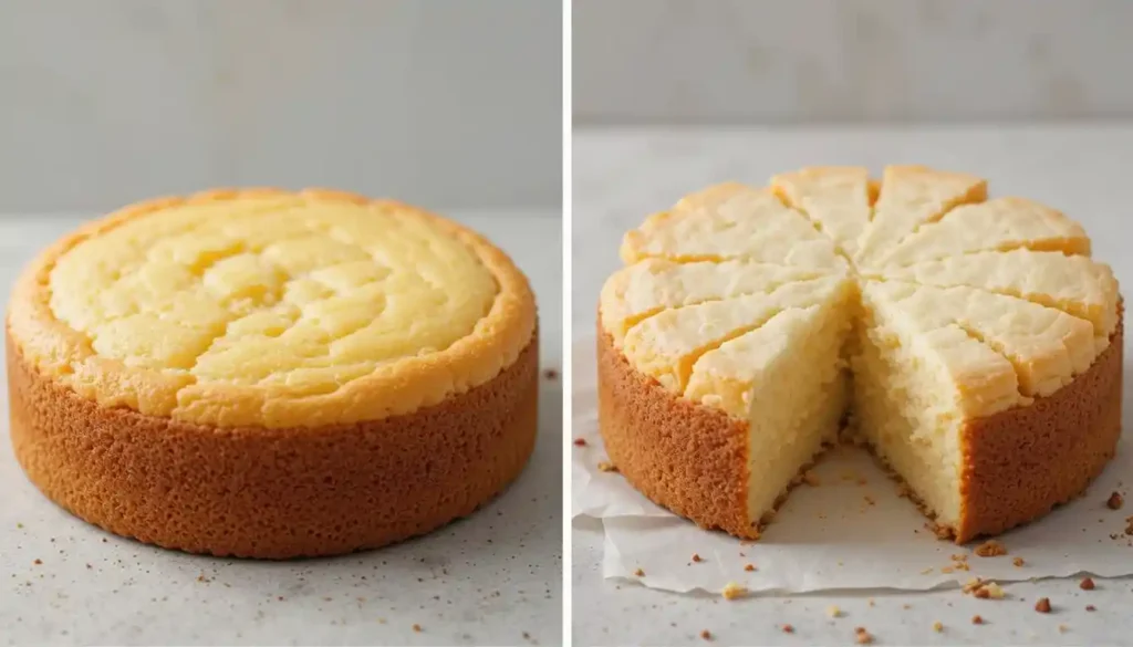 Zwei Kuchen nebeneinander: ein perfekt gebackener glutenfreier Kuchen und ein eingefallener, fehlerhaft gebackener Kuchen, der typische Fehler darstellt.