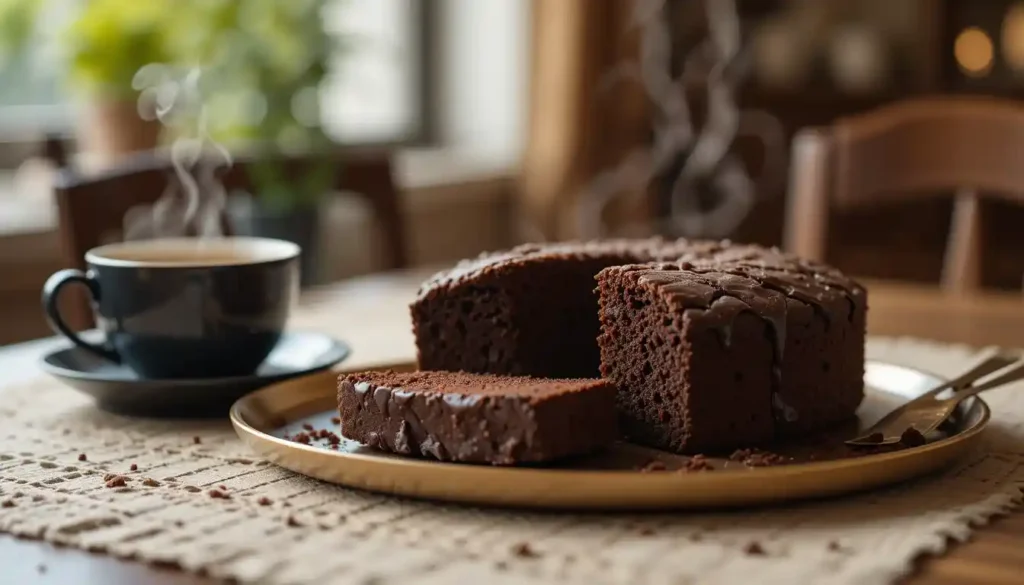 Glutenfreier Schokoladenkuchen, angeschnitten und serviert auf einem Tablett, begleitet von einer Tasse dampfendem Kaffee.