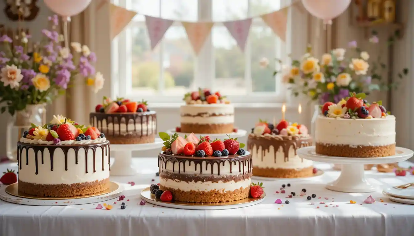 Ein festlich gedeckter Tisch mit mehreren glutenfreien Kuchen, dekoriert mit frischen Früchten, Schokolade und Blumen in einer hellen und einladenden Atmosphäre