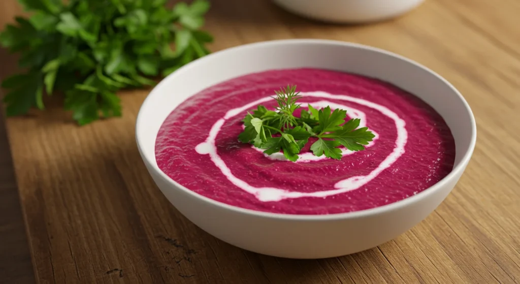 Leckere vegane Rote Bete Suppe in einer modernen weißen Schüssel, garniert mit Kokosmilch, frischer Petersilie und Sesamkörnern, umgeben von frischen Zutaten wie Rote Bete, Knoblauch und Kräutern auf einem rustikalen Holztisch.