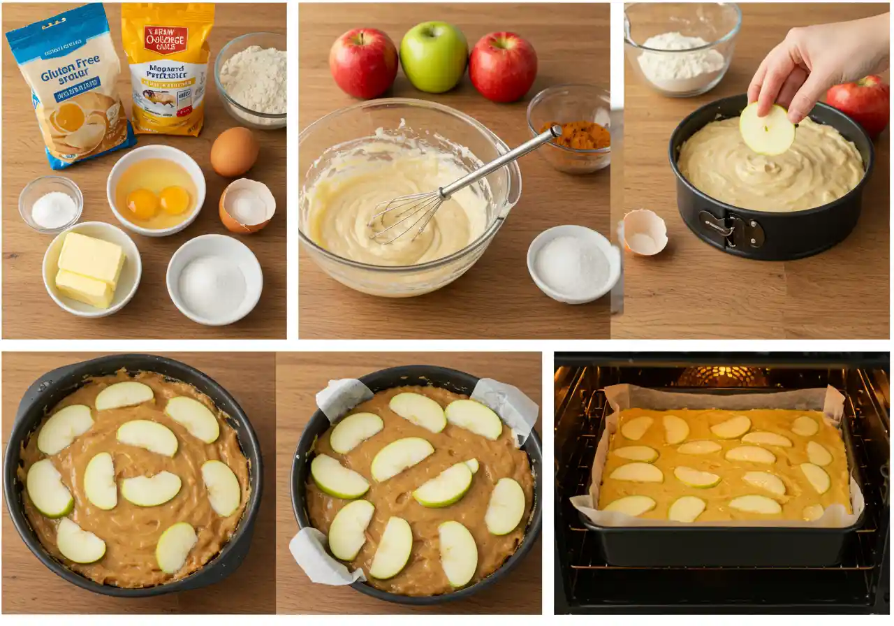 Schritt-für-Schritt-Illustration zur Zubereitung eines glutenfreien Apfelkuchens, die Zutaten, das Mischen des Teigs, das Anordnen von Apfelscheiben und das Backen im Ofen zeigt.