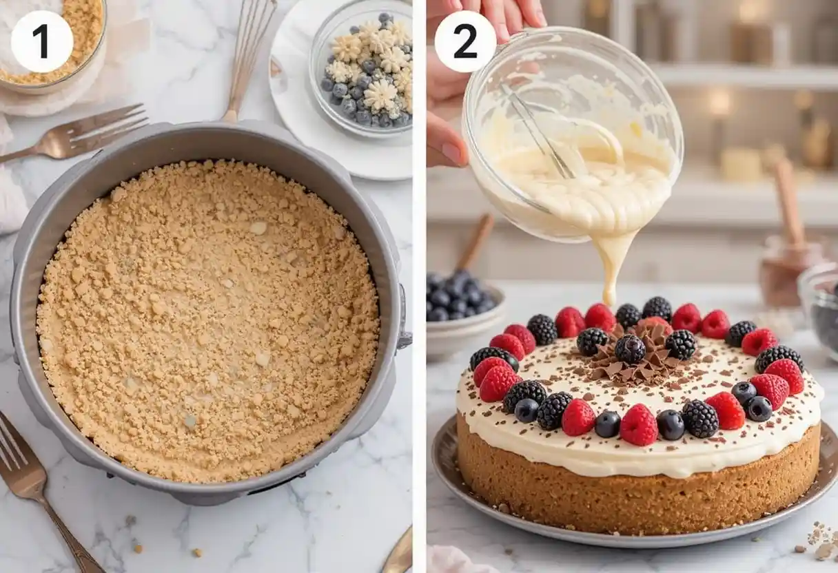 Schritt-für-Schritt-Anleitung zur Zubereitung eines deutschen No-Bake-Kuchens, von der Vorbereitung des Keksbodens bis zum dekorierten Endprodukt.