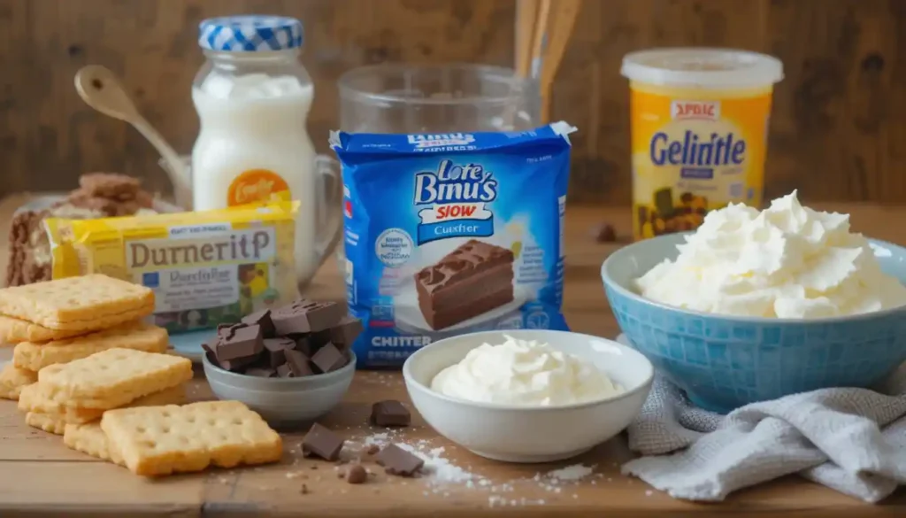 Die Zutaten für einen No-Bake-Kuchen: Butterkekse, Sahne, Gelatine, dunkle Schokolade und Mascarpone auf einem Holztisch.