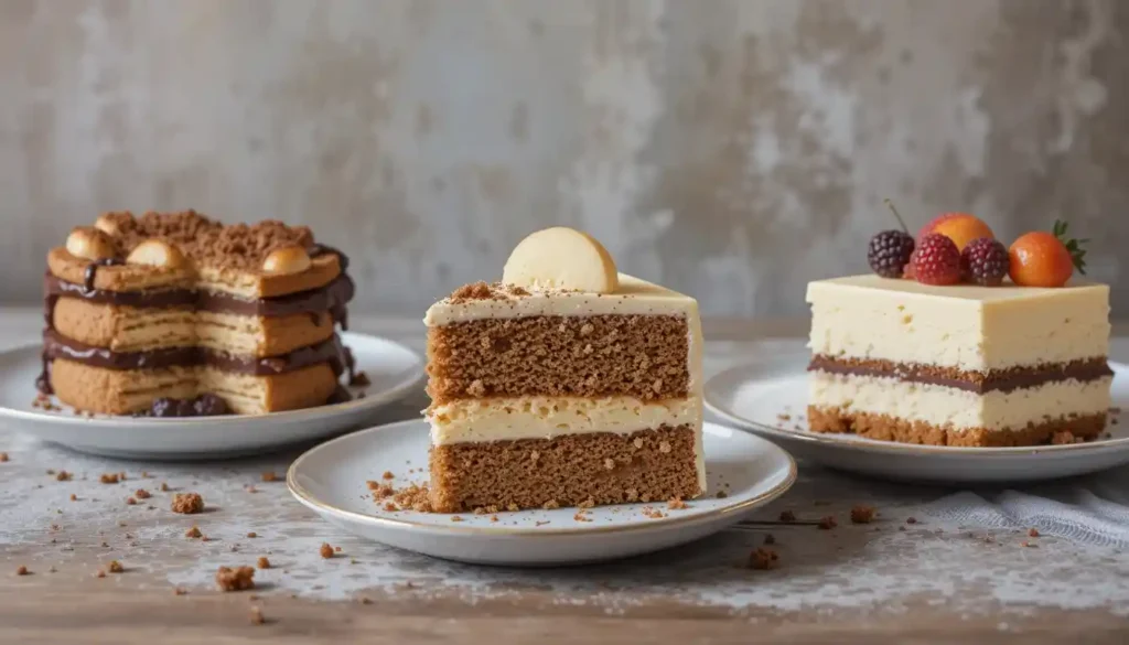 Drei beliebte No-Bake-Kuchen: Kalter Hund, Spekulatius-Kuchen und No-Bake-Cheesecake auf eleganten Tellern.