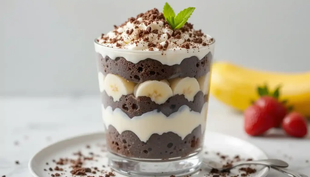 Ein Schichtdessert im Glas mit Keksen, Sahne und Bananen, dekoriert mit Schlagsahne und Schokoladenraspeln."