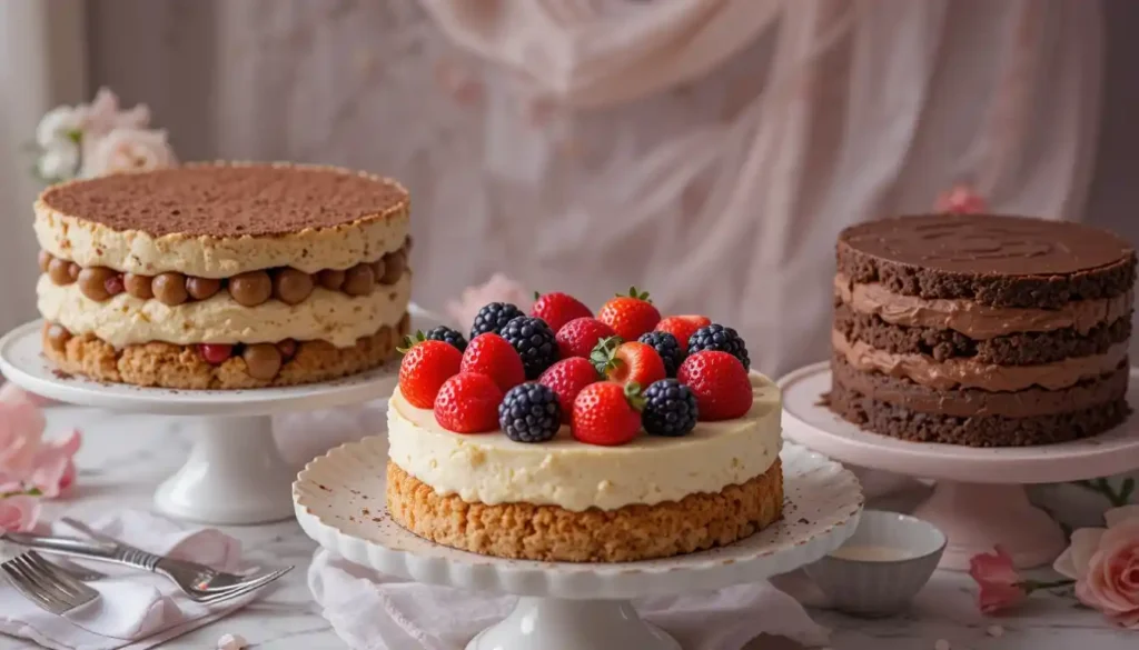 Drei festliche No-Bake-Torten: Tiramisu-Torte, fruchtige Sommertorte und Schokoladen-Mascarpone-Torte.