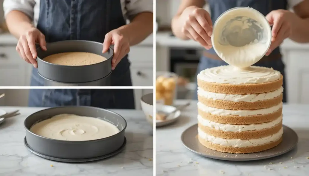 Eine Person bereitet einen No-Bake-Kuchen vor, indem sie einen Keksboden in eine Springform drückt und die Creme mit Gelatine mischt