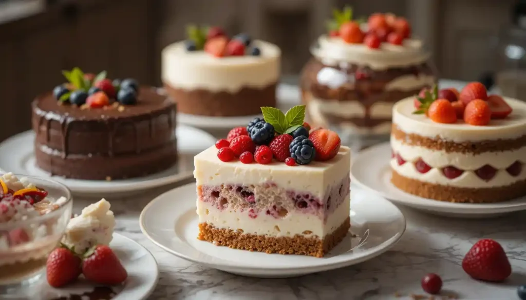 Verschiedene No-Bake-Kuchen, darunter ein Schokoladenkuchen, fruchtiger Cheesecake und Tiramisu, präsentiert auf eleganten Tellern.