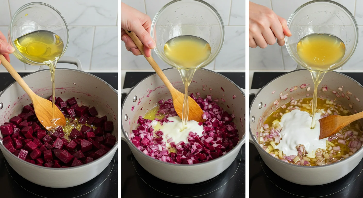 Kochprozess für vegane Rote-Bete-Suppe, mit gehacktem Gemüse, das sautiert und mit Brühe und Kokosmilch kombiniert wird.