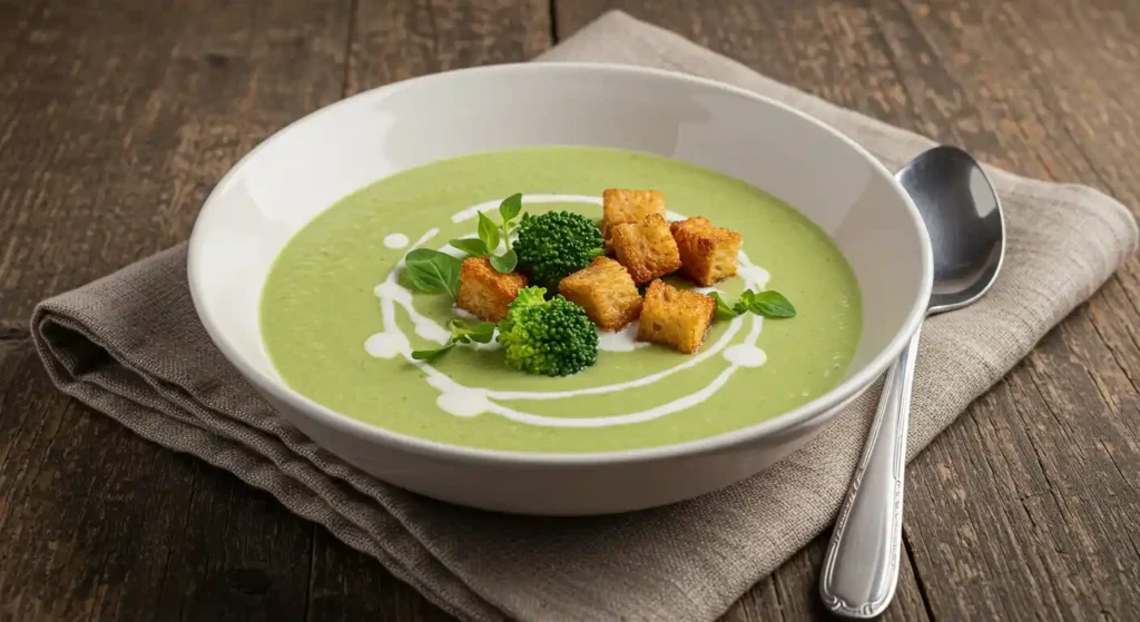 Eine servierte Brokkoli Suppe, dekoriert mit frischen Kräutern, Sahne und knusprigen Croutons.