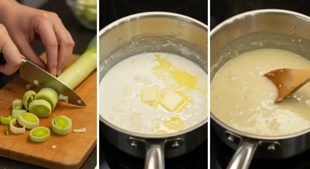 Schritt-für-Schritt-Zubereitung: Lauch schneiden, Käse schmelzen und Suppe rühren.