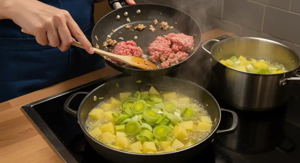 Zubereitung der Hack Käse Lauch Suppe: Hackfleisch wird in einer Pfanne angebraten, während Lauch und Kartoffeln hinzugefügt werden.