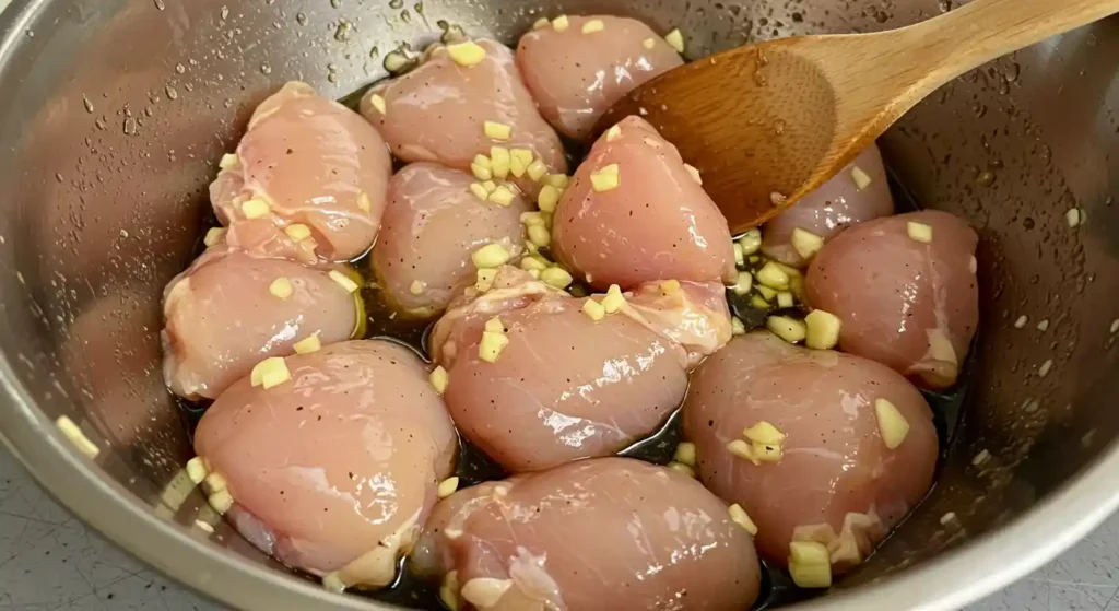 Hähnchenstücke werden in einer aromatischen Marinade aus Olivenöl, Sojasauce, Knoblauch und Gewürzen eingelegt.
