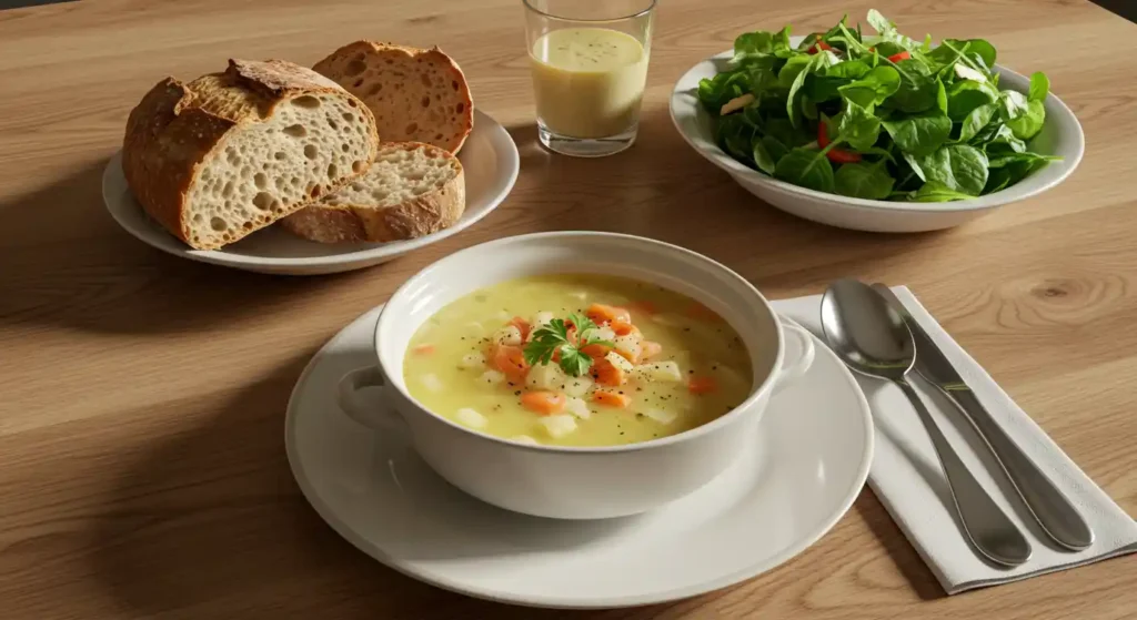 Hack Käse Lauch Suppe mit knusprigem Brot und frischem grünen Salat als Beilage.