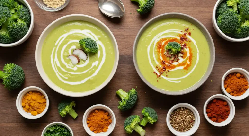 Zwei Variationen der Brokkoli Suppe: eine mit Kokosmilch, die andere mit Gewürzen wie Kurkuma und Paprika.
