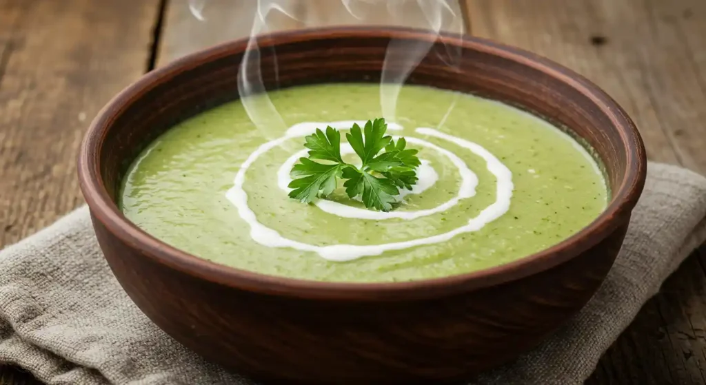 Eine dampfende Schüssel cremige Brokkoli Suppe, garniert mit frischer Petersilie und einem Sahne-Topping.