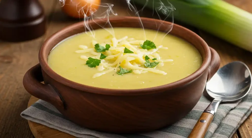 Cremige Käse Lauch Suppe mit geschmolzenem Käse und frischen Kräutern in einer rustikalen Schüssel.